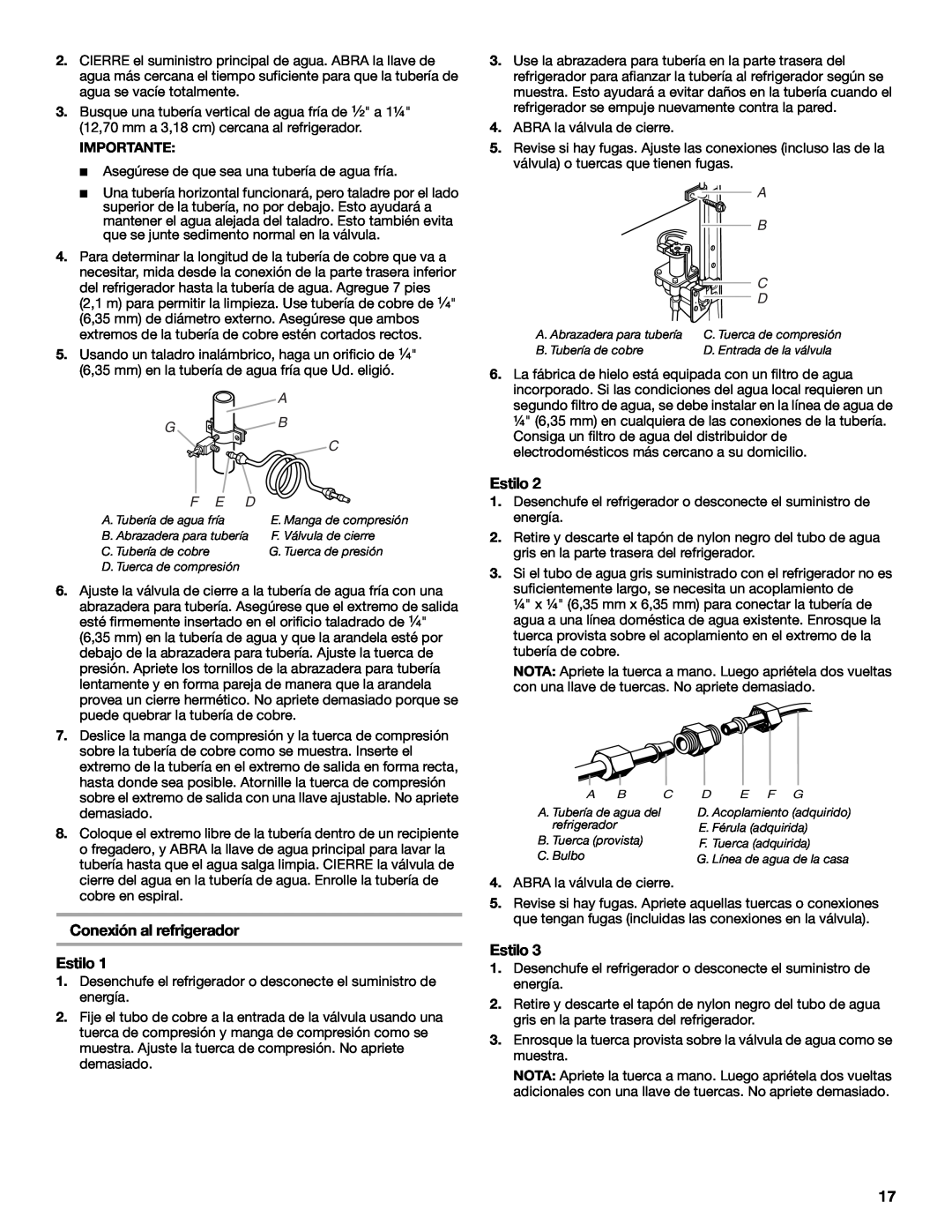 Maytag T2RFWG2, T1WG2L installation instructions Conexión al refrigerador Estilo, A G B C F E D, A. Tubería de agua fría 