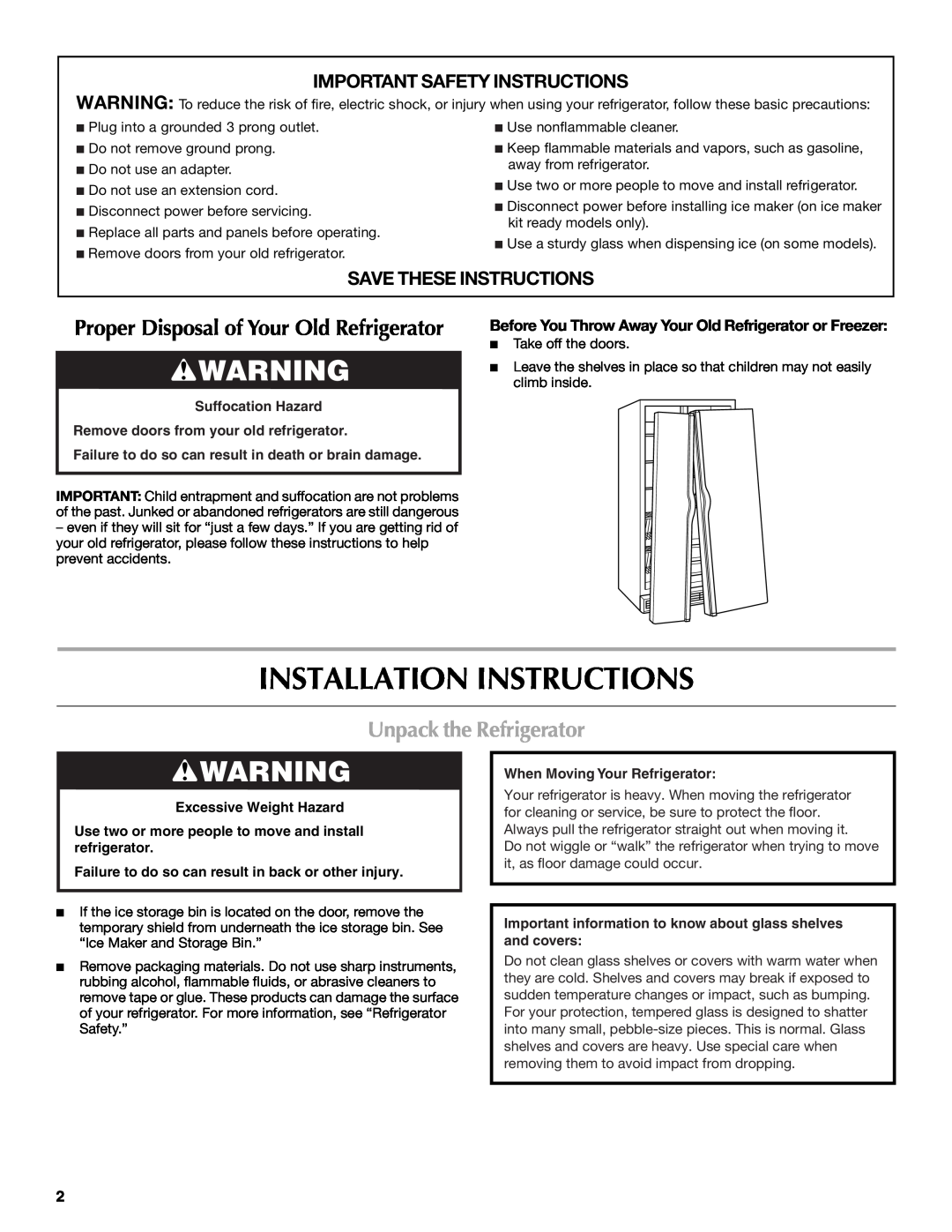 Maytag T1WG2 Installation Instructions, Unpack the Refrigerator, Important Safety Instructions, Save These Instructions 