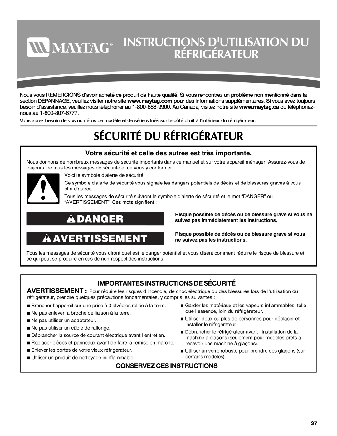 Maytag T2RFWG2, T1WG2L Instructions Dutilisation Du Réfrigérateur, Sécurité Du Réfrigérateur, Danger Avertissement 