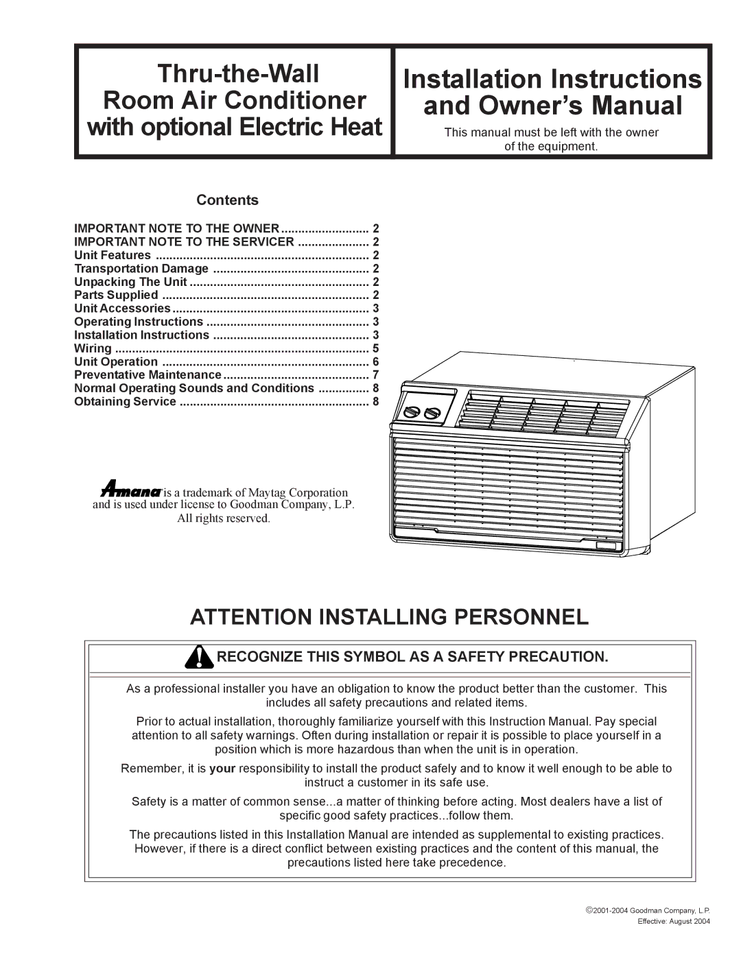 Maytag Thru-the-Wall Room Air Conditioner installation instructions Installation Instructions 