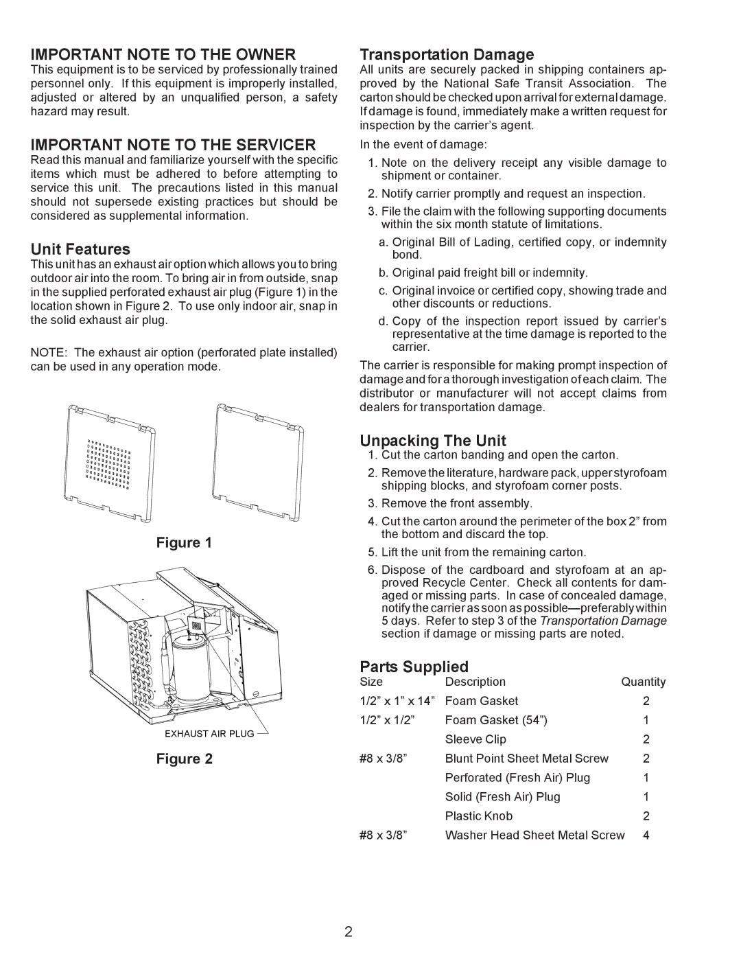 Maytag Thru-the-Wall Room Air Conditioner Unit Features, Transportation Damage, Unpacking The Unit, Parts Supplied 