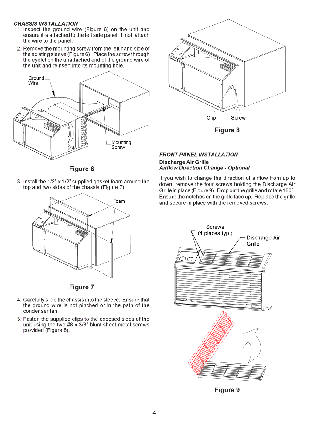 Maytag Thru-the-Wall Room Air Conditioner installation instructions Chassis Installation, Front Panel Installation 