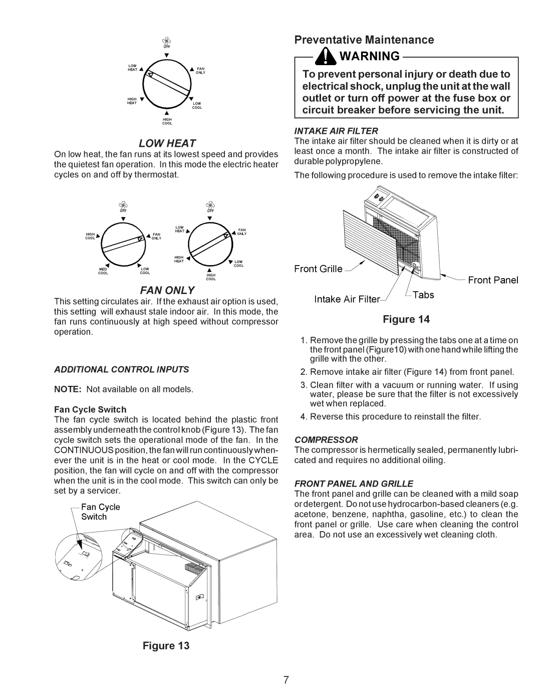 Maytag Thru-the-Wall Room Air Conditioner installation instructions Preventative Maintenance, LOW Heat, FAN only 