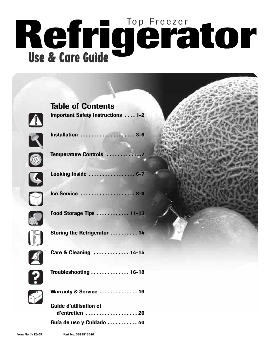 Maytag Top Freezer Refrigerator manual Table of Contents 