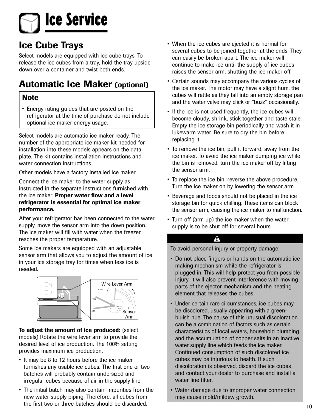 Maytag Top Freezer Refrigerator manual Ice Service, Ice Cube Trays, Automatic Ice Maker optional 