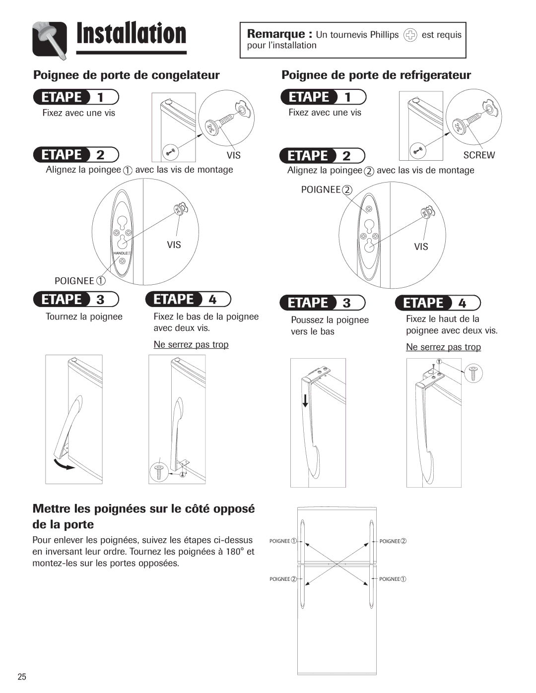 Maytag Top Freezer Refrigerator manual Poignee de porte de congelateur, Poignee de porte de refrigerateur 