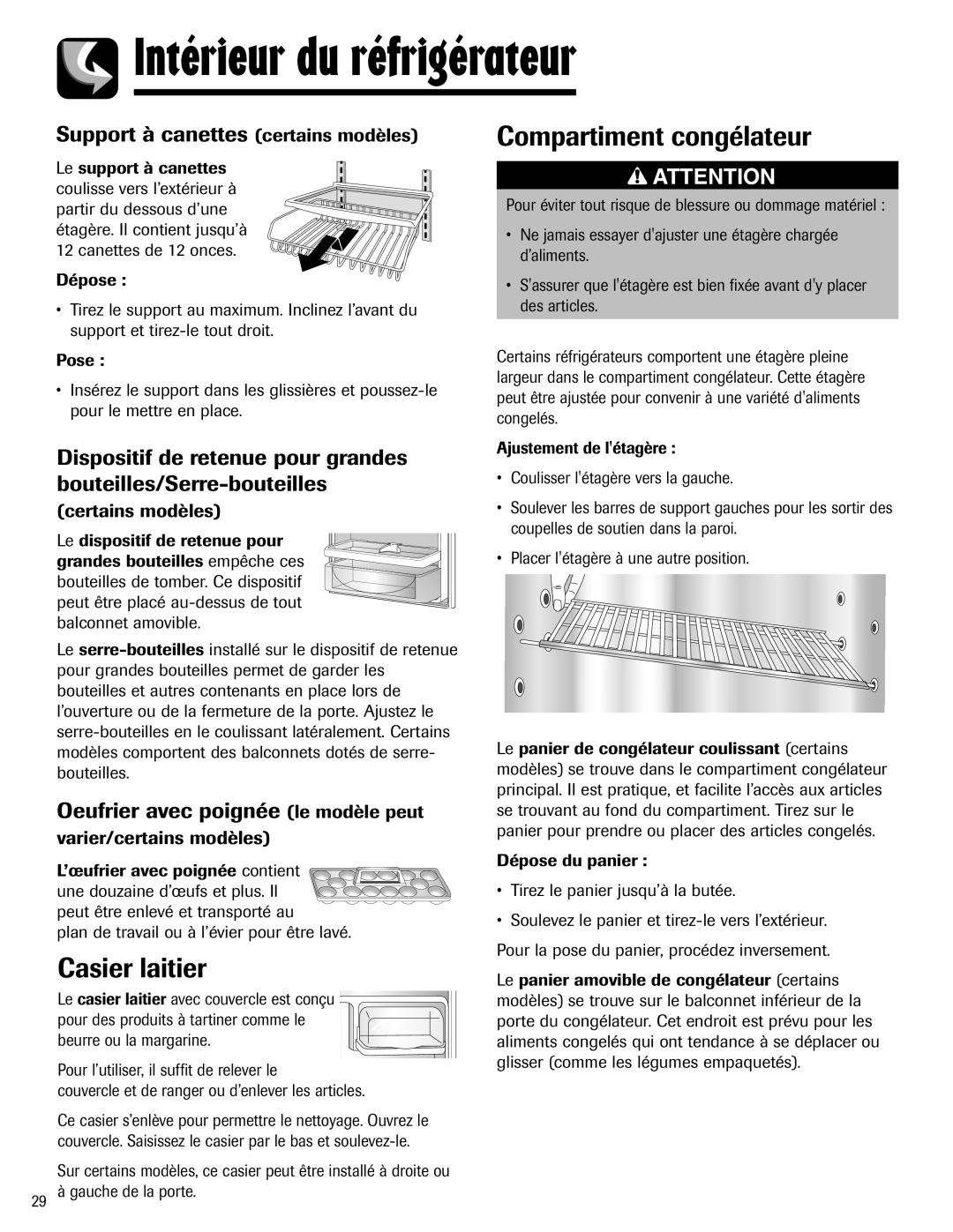 Maytag Top Freezer Refrigerator manual Compartiment congélateur, Casier laitier, Support à canettes certains modèles 