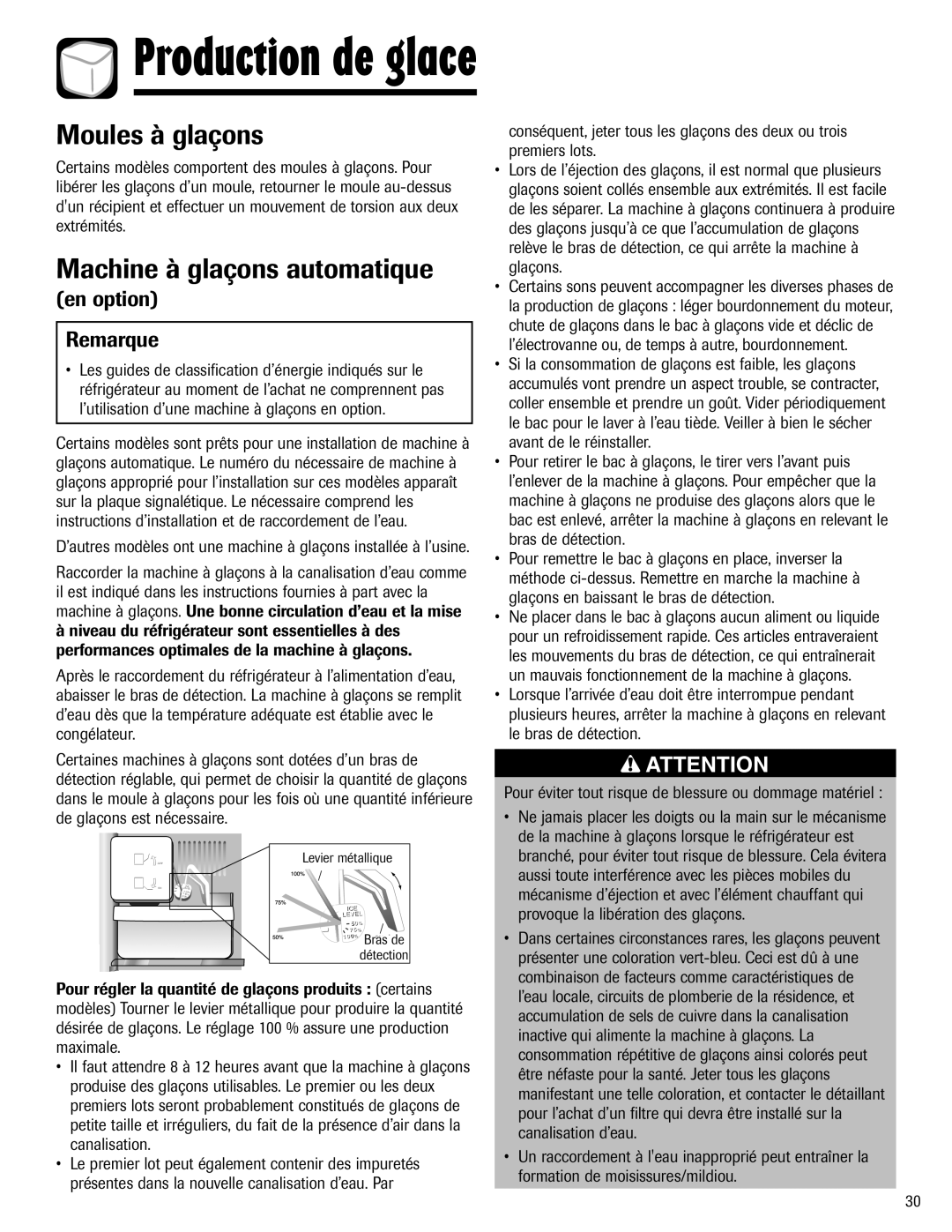 Maytag Top Freezer Refrigerator manual Moules à glaçons, Machine à glaçons automatique, En option Remarque 