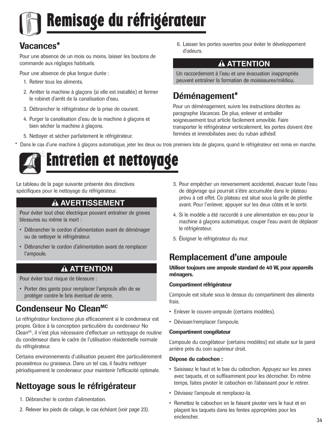 Maytag Top Freezer Refrigerator manual Remisage du réfrigérateur, Entretien et nettoyage 