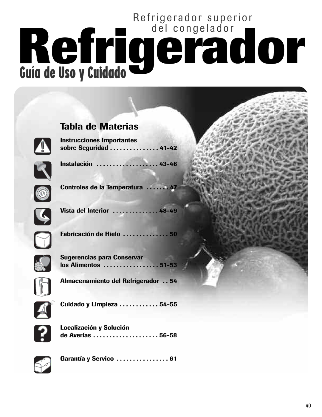 Maytag Top Freezer Refrigerator manual Refrigerador, Tabla de Materias 