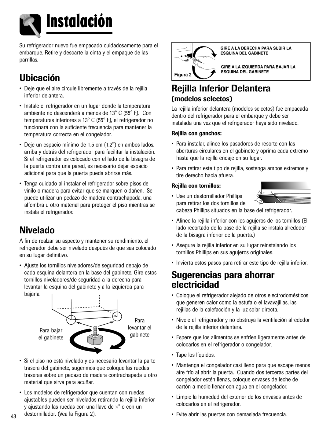 Maytag Top Freezer Refrigerator manual Instalación, Ubicación, Nivelado, Rejilla Inferior Delantera 