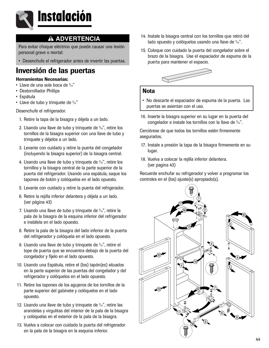 Maytag Top Freezer Refrigerator manual Inversión de las puertas, Nota 