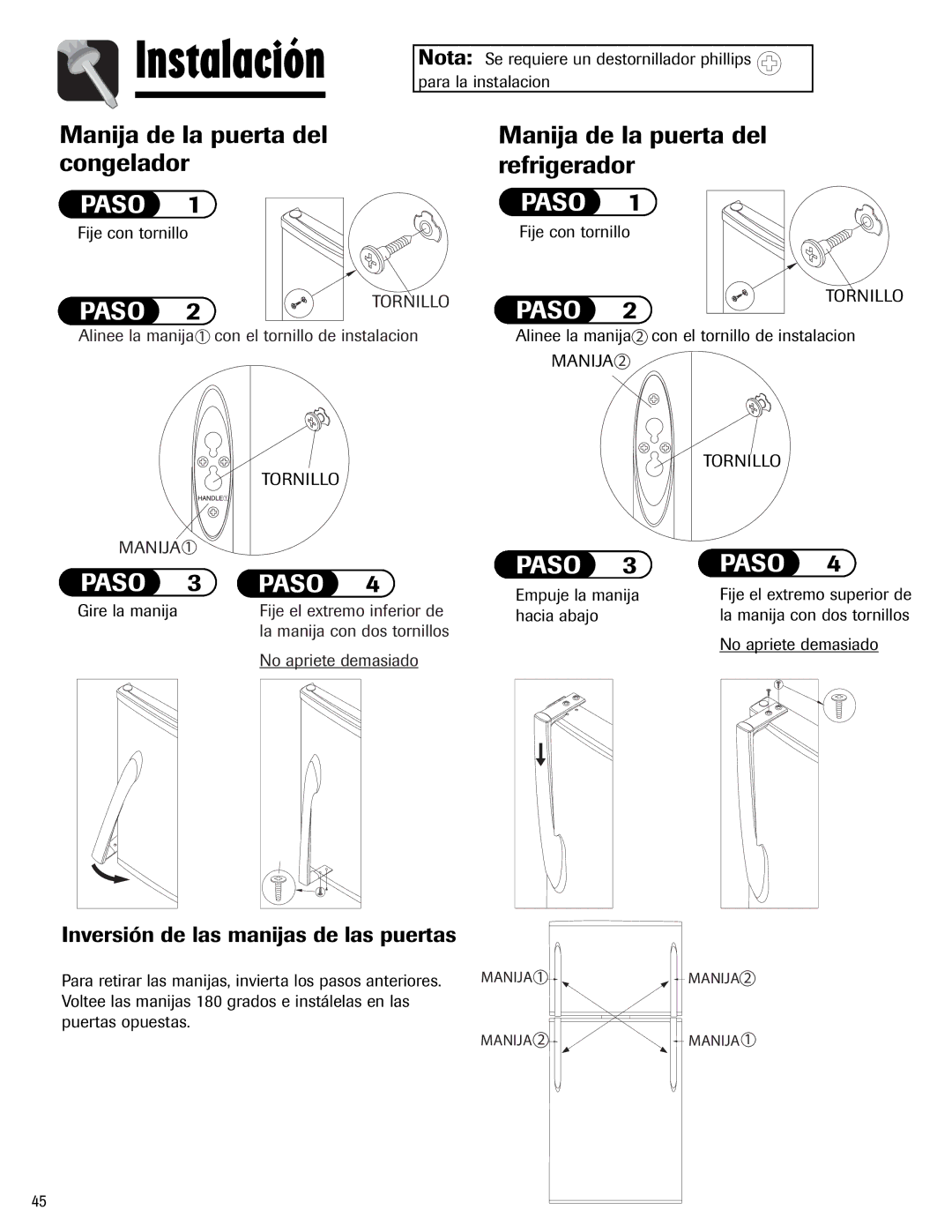 Maytag Top Freezer Refrigerator manual Inversión de las manijas de las puertas 