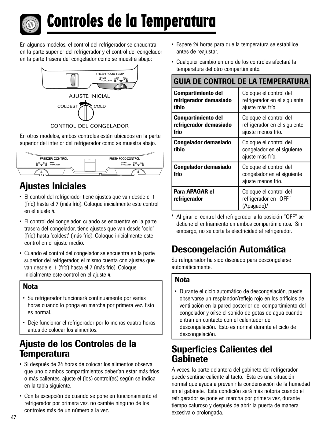 Maytag Top Freezer Refrigerator manual Controles de la Temperatura, Ajustes Iniciales, Descongelación Automática 