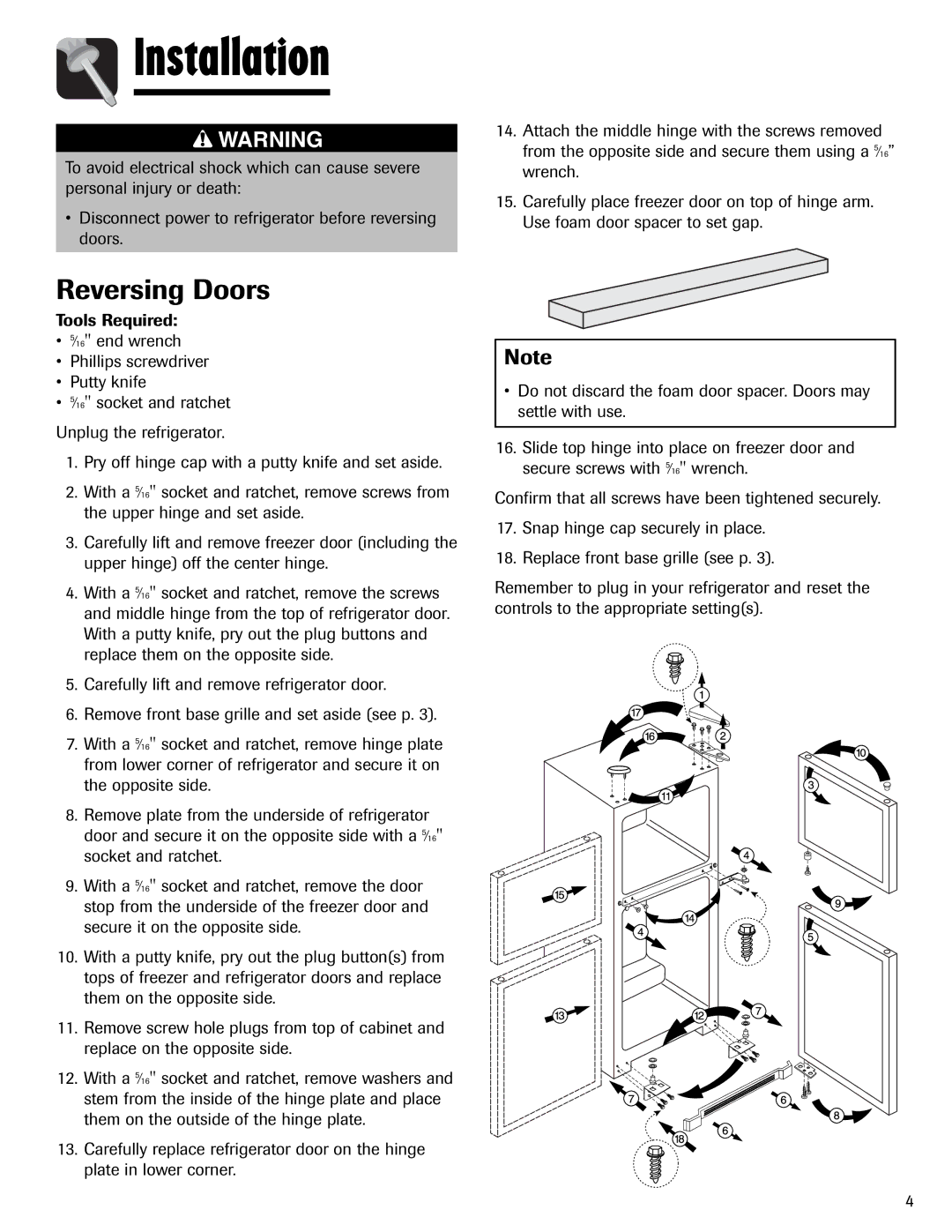 Maytag Top Freezer Refrigerator manual Reversing Doors 