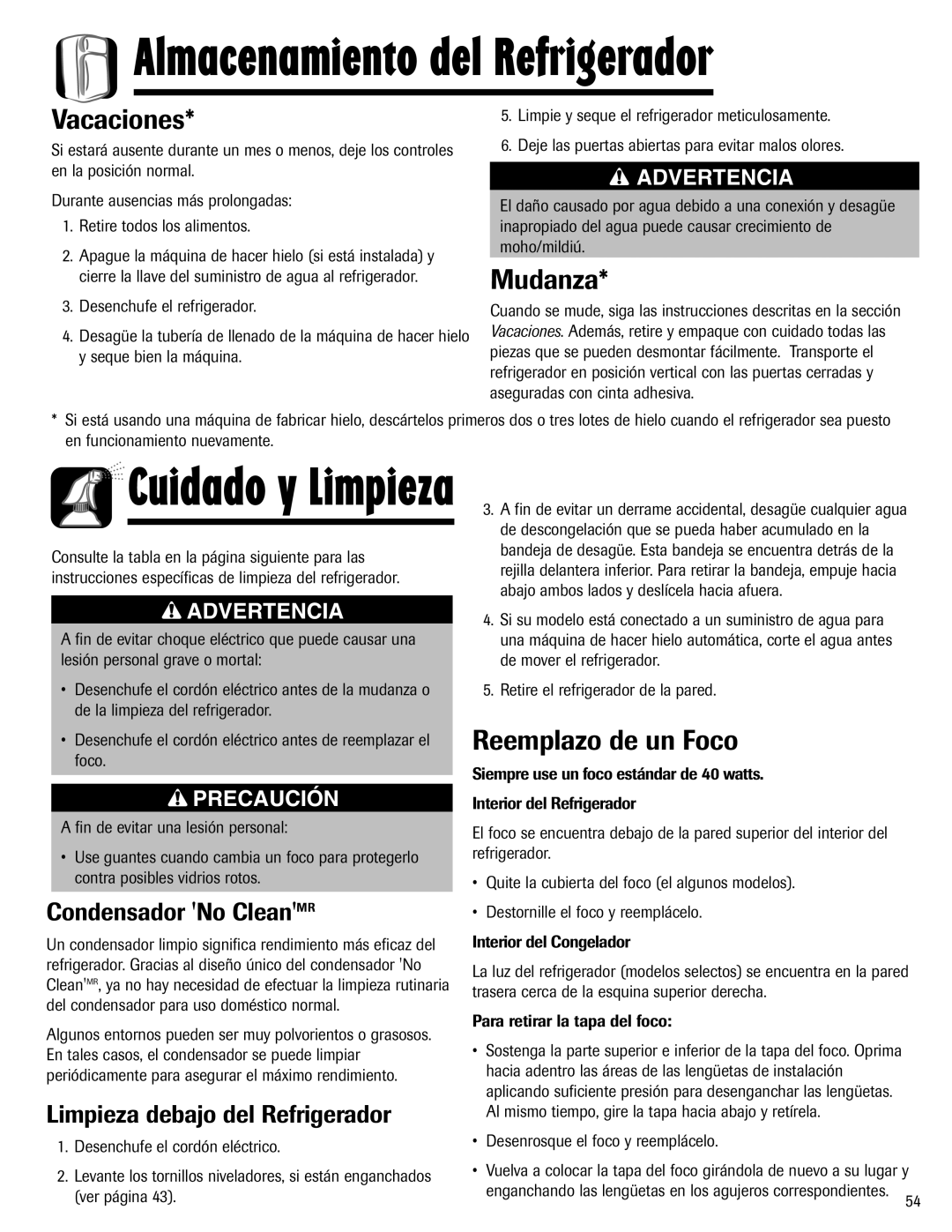 Maytag Top Freezer Refrigerator manual Vacaciones, Mudanza, Reemplazo de un Foco, Desenrosque el foco y reemplácelo 