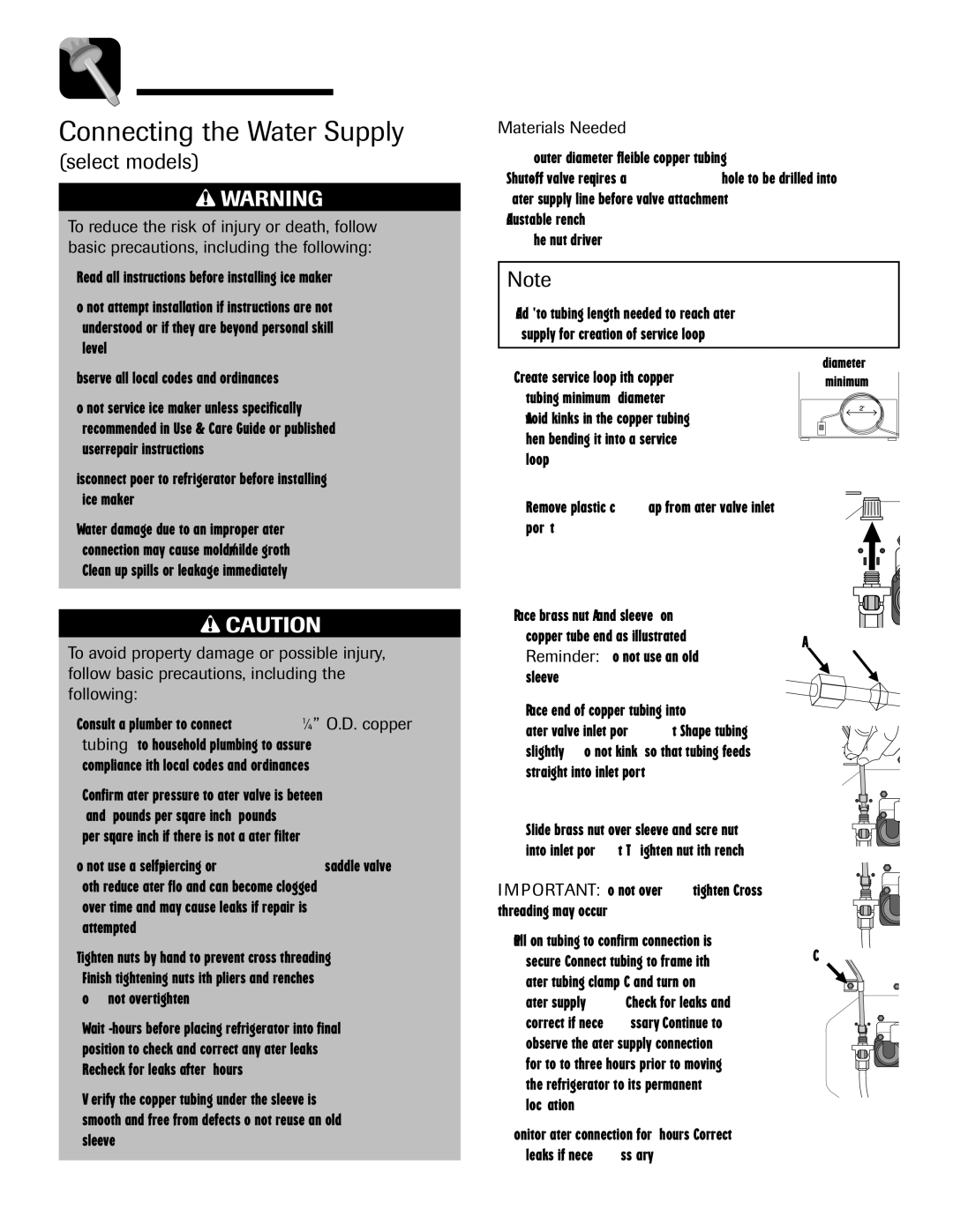 Maytag Top Freezer Refrigerator manual Connecting the Water Supply, Select models 