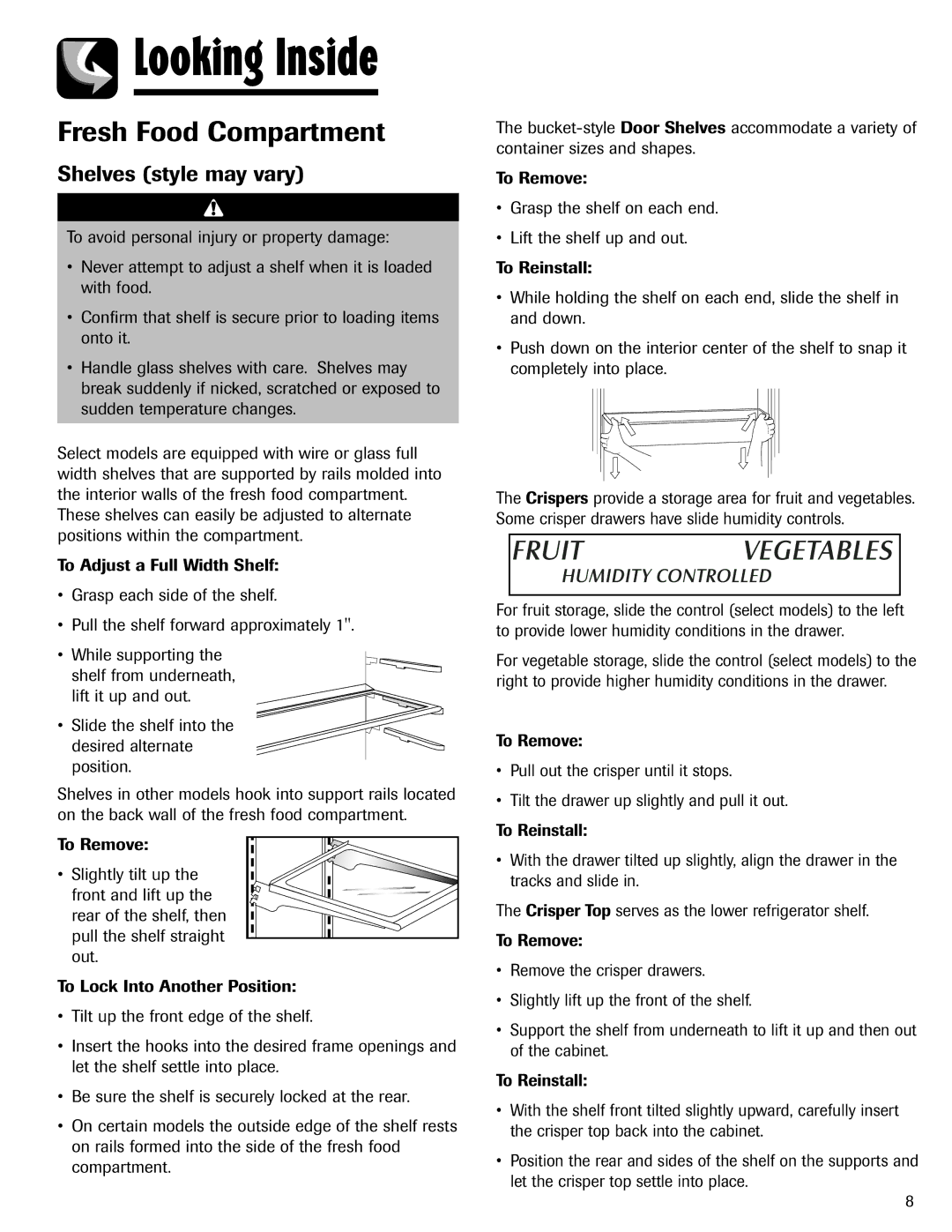 Maytag Top Freezer Refrigerator manual Looking Inside, Fresh Food Compartment, Shelves style may vary 