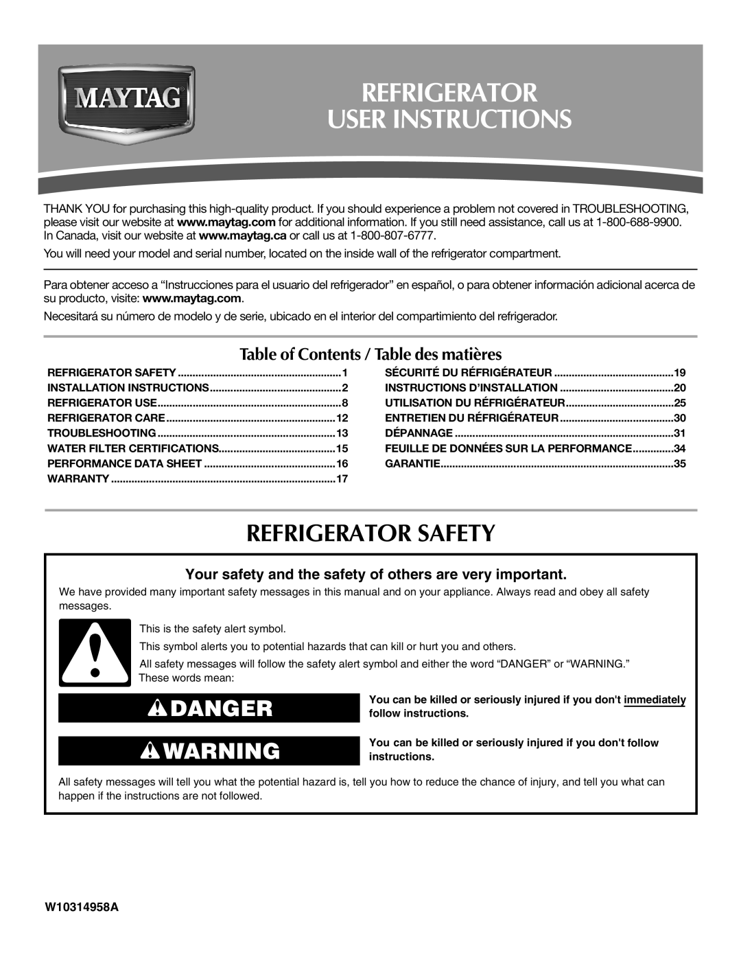 Maytag UKF8001AXX-200 installation instructions Refrigerator User Instructions, Refrigerator Safety 