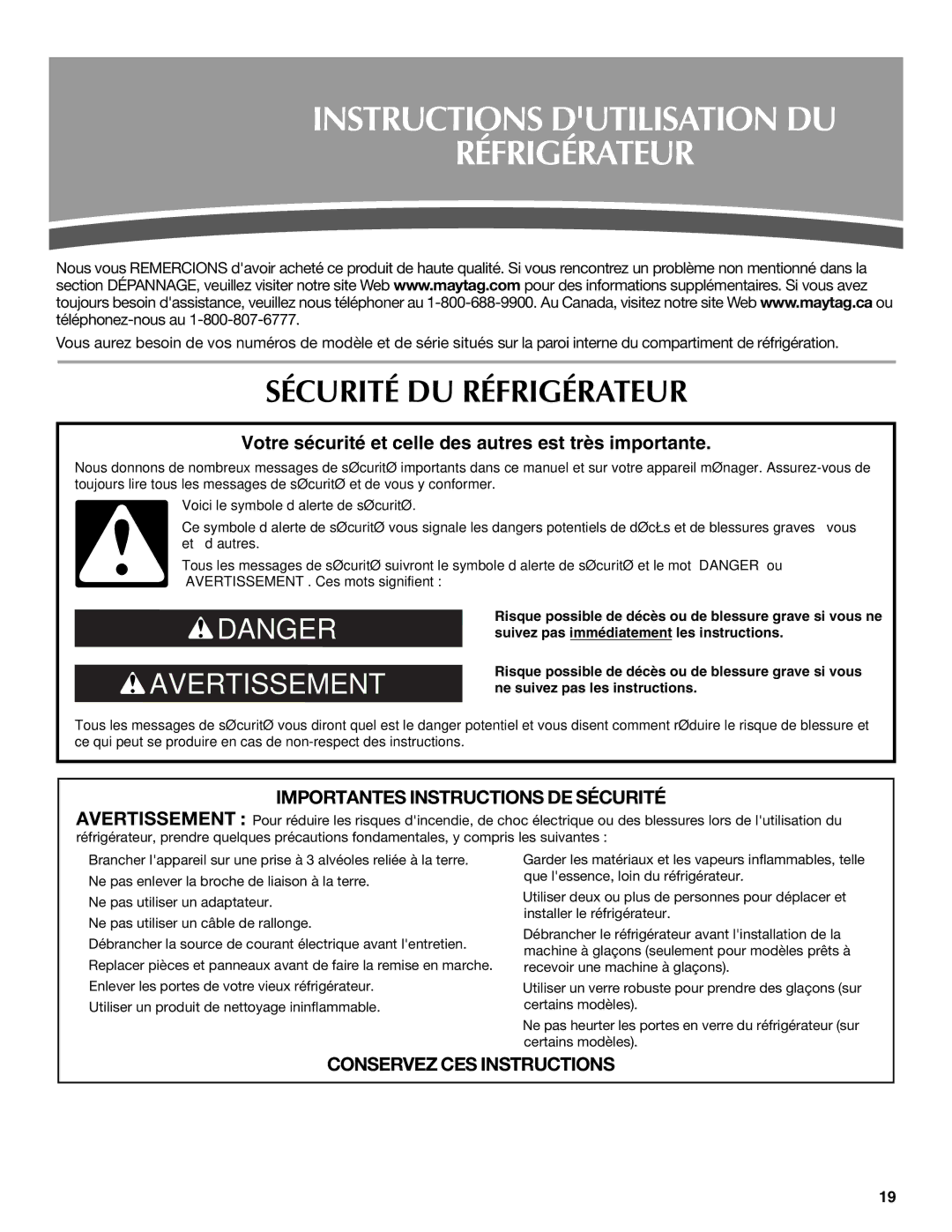 Maytag UKF8001AXX-200 installation instructions Instructions Dutilisation DU Réfrigérateur, Sécurité DU Réfrigérateur 