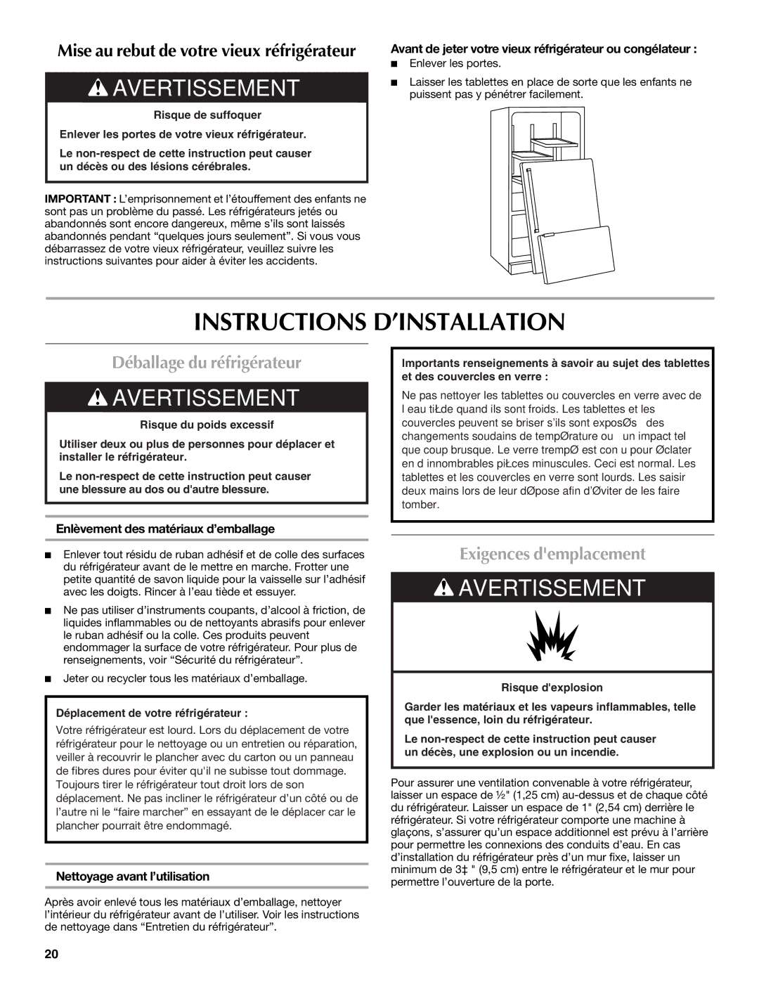 Maytag UKF8001AXX-200 Instructions D’INSTALLATION, Déballage du réfrigérateur, Exigences demplacement 