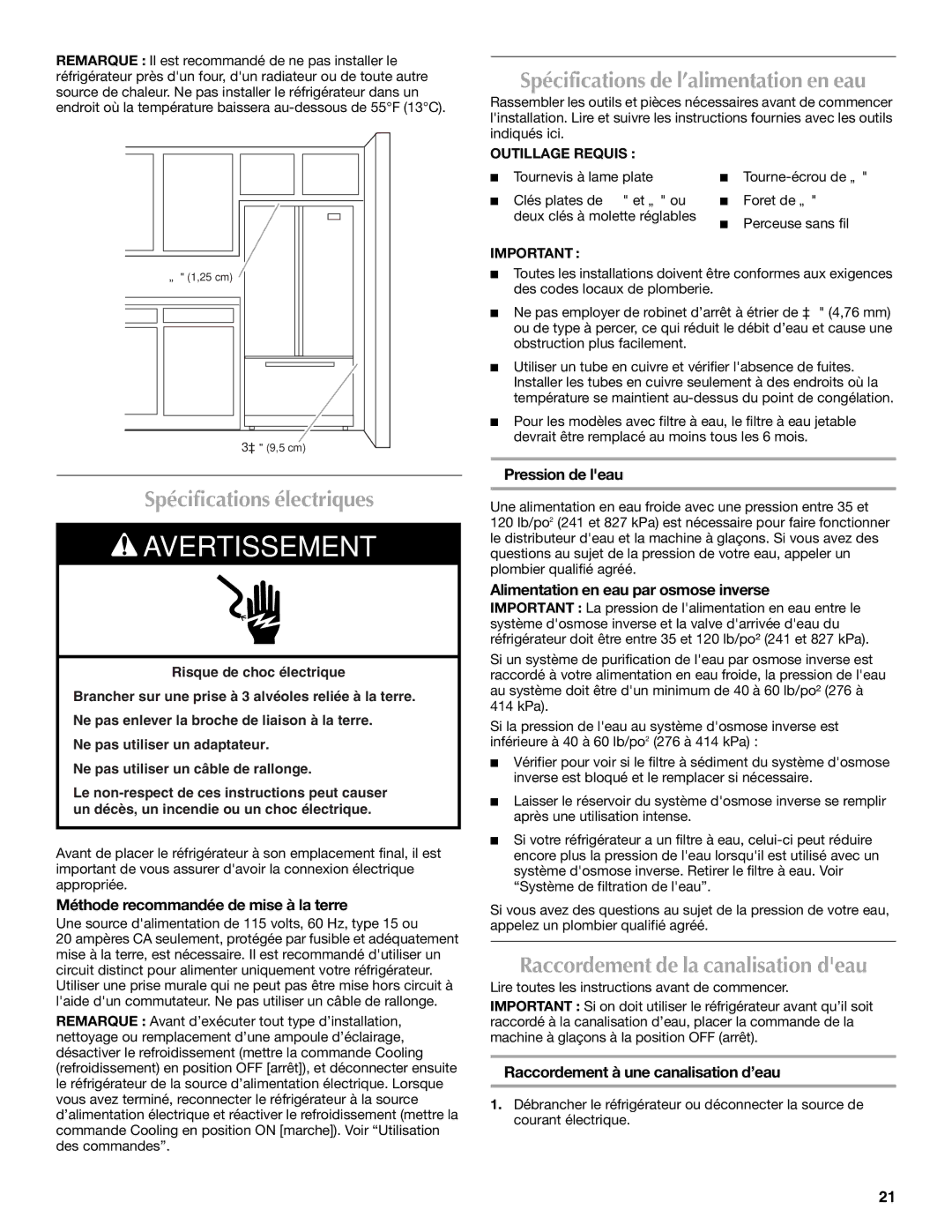 Maytag UKF8001AXX-200 installation instructions Spécifications électriques, Spécifications de l’alimentation en eau 