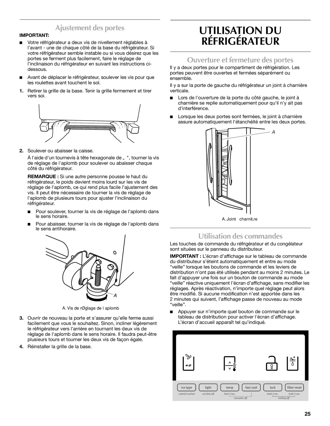 Maytag UKF8001AXX-200 Utilisation DU Réfrigérateur, Ajustement des portes, Ouverture et fermeture des portes 