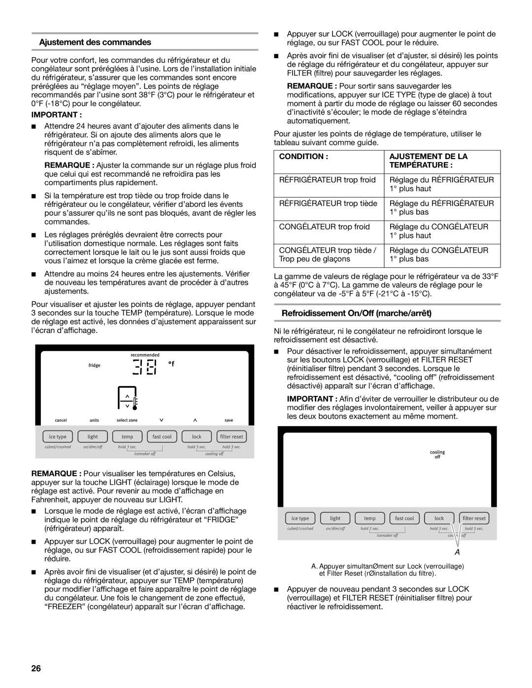 Maytag UKF8001AXX-200 installation instructions Ajustement des commandes, Refroidissement On/Off marche/arrêt 