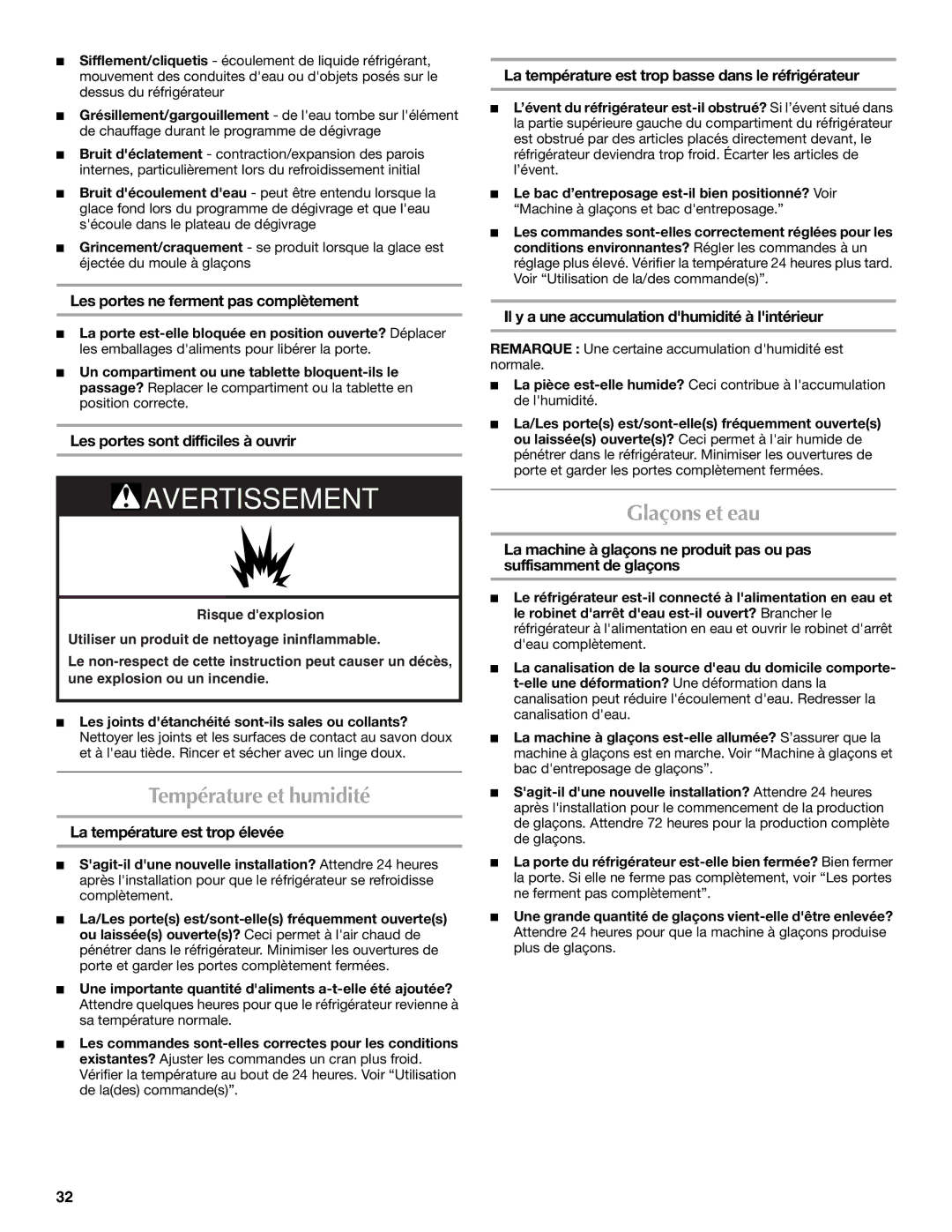 Maytag UKF8001AXX-200 installation instructions Température et humidité, Glaçons et eau 