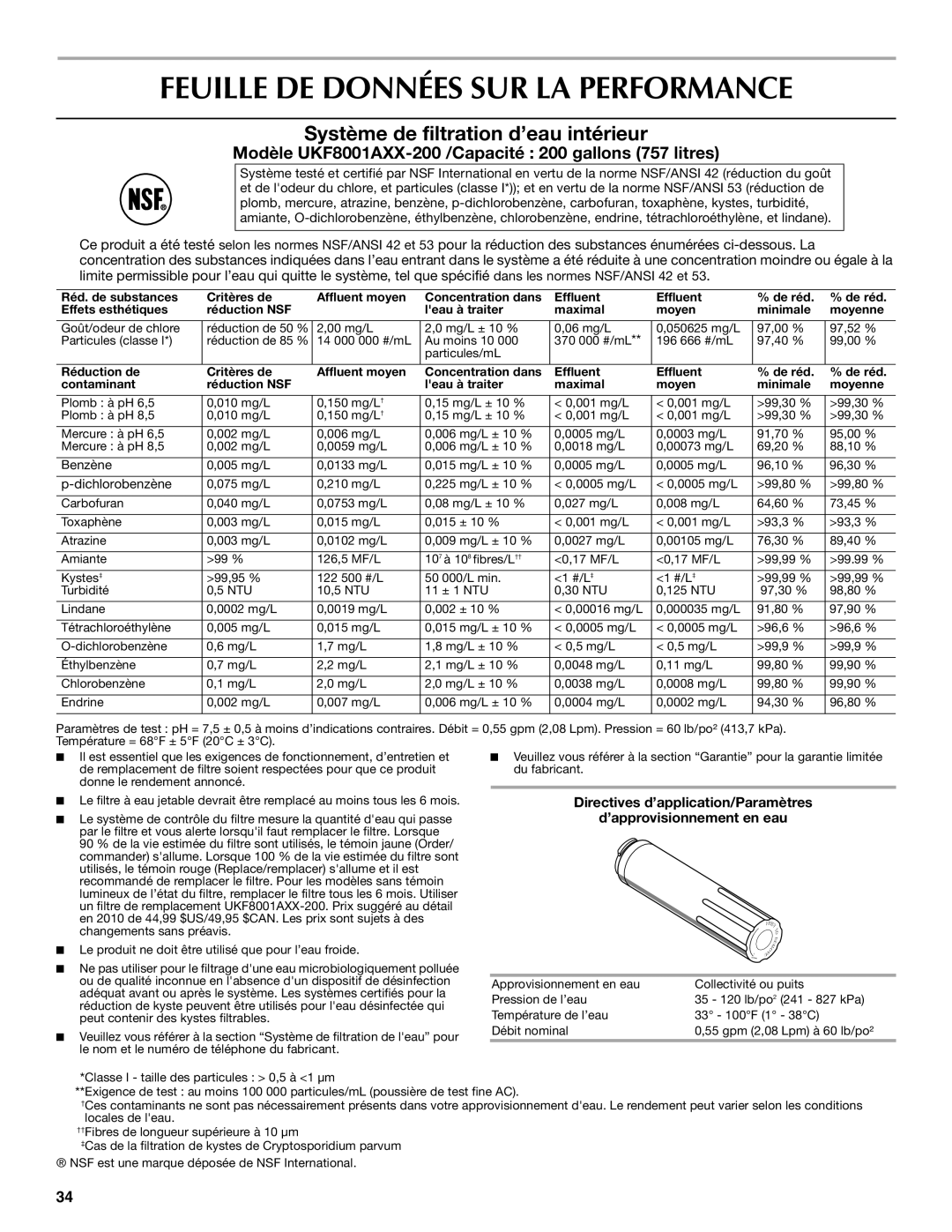 Maytag UKF8001AXX-200 Feuille DE Données SUR LA Performance, Système de filtration d’eau intérieur 