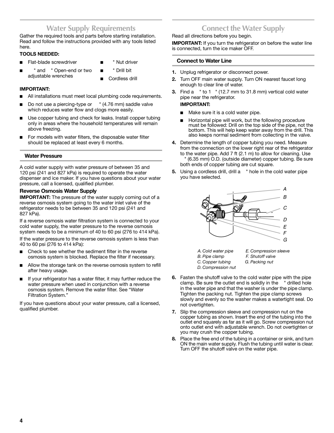 Maytag UKF8001AXX-200 Water Supply Requirements, Connect the Water Supply, Water Pressure, Reverse Osmosis Water Supply 