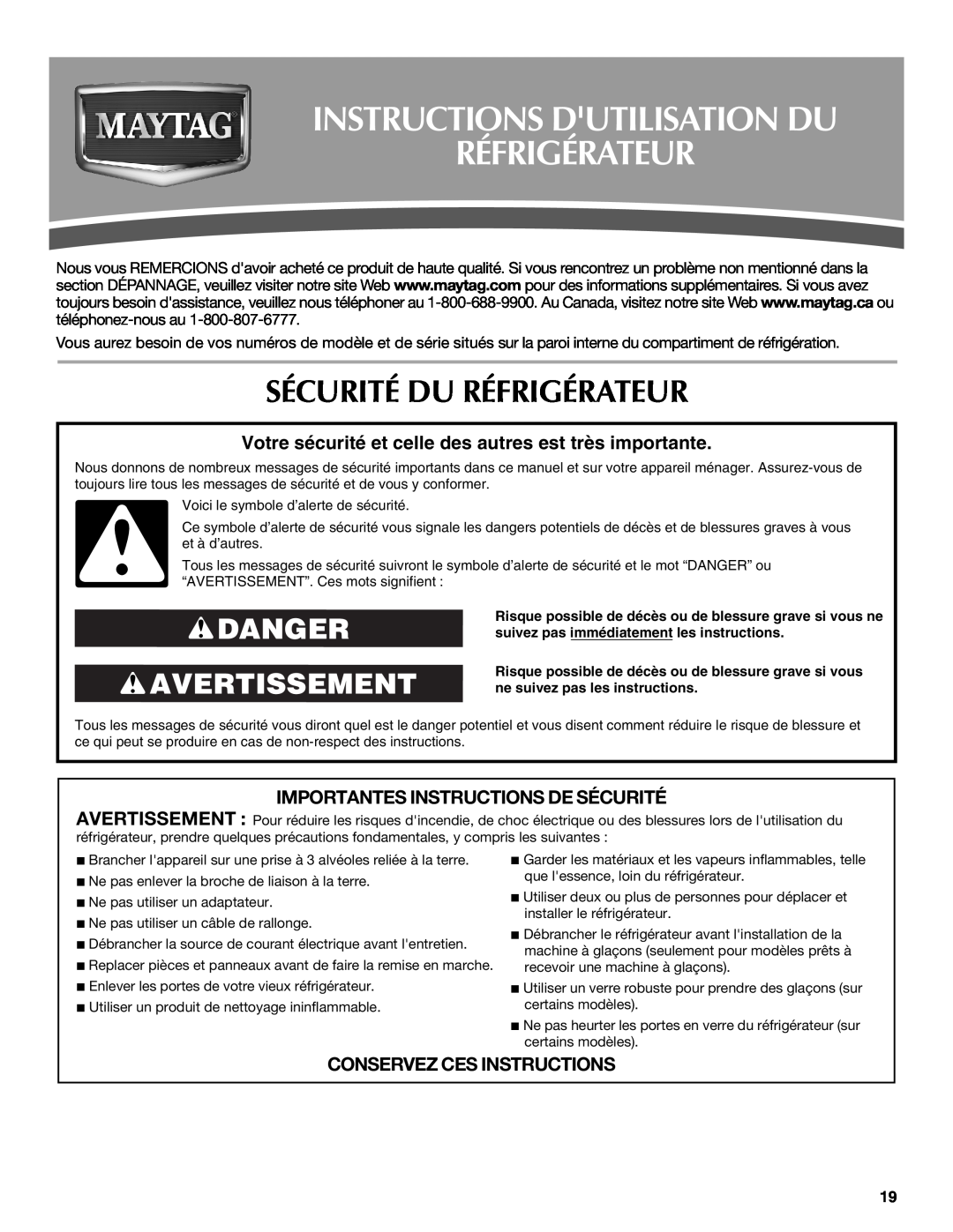 Maytag UKF8001AXX-200 Instructions Dutilisation Du Réfrigérateur, Sécurité Du Réfrigérateur, Danger Avertissement 