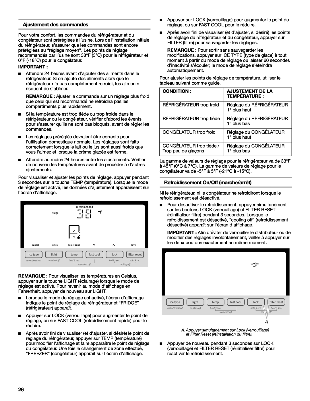 Maytag UKF8001AXX-200 installation instructions Ajustement des commandes, Refroidissement On/Off marche/arrêt 