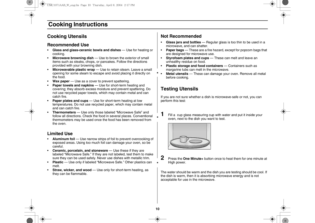 Maytag UMC1071AAB/W owner manual Cooking Instructions, Cooking Utensils, Testing Utensils 