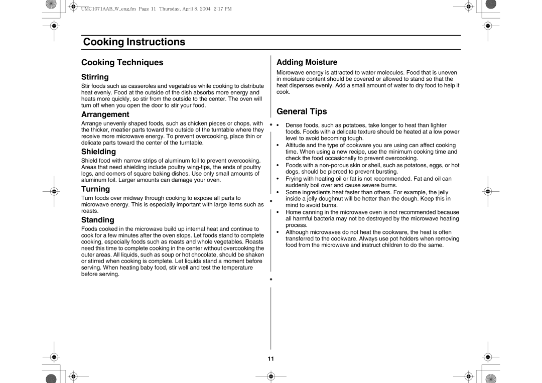 Maytag UMC1071AAB/W owner manual Cooking Techniques, General Tips 