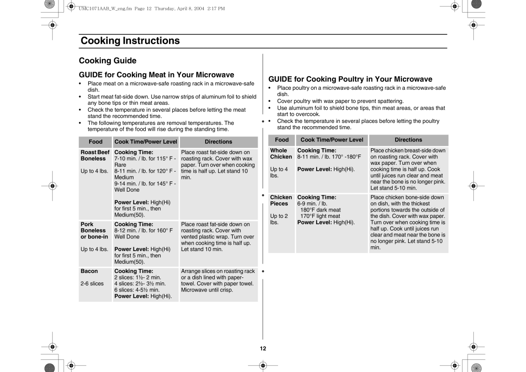 Maytag UMC1071AAB/W Cooking Guide, Guide for Cooking Meat in Your Microwave, Guide for Cooking Poultry in Your Microwave 