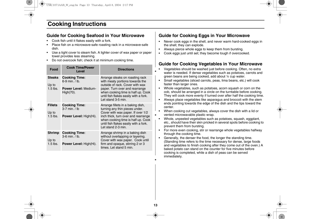 Maytag UMC1071AAB/W owner manual Guide for Cooking Seafood in Your Microwave, Guide for Cooking Eggs in Your Microwave 