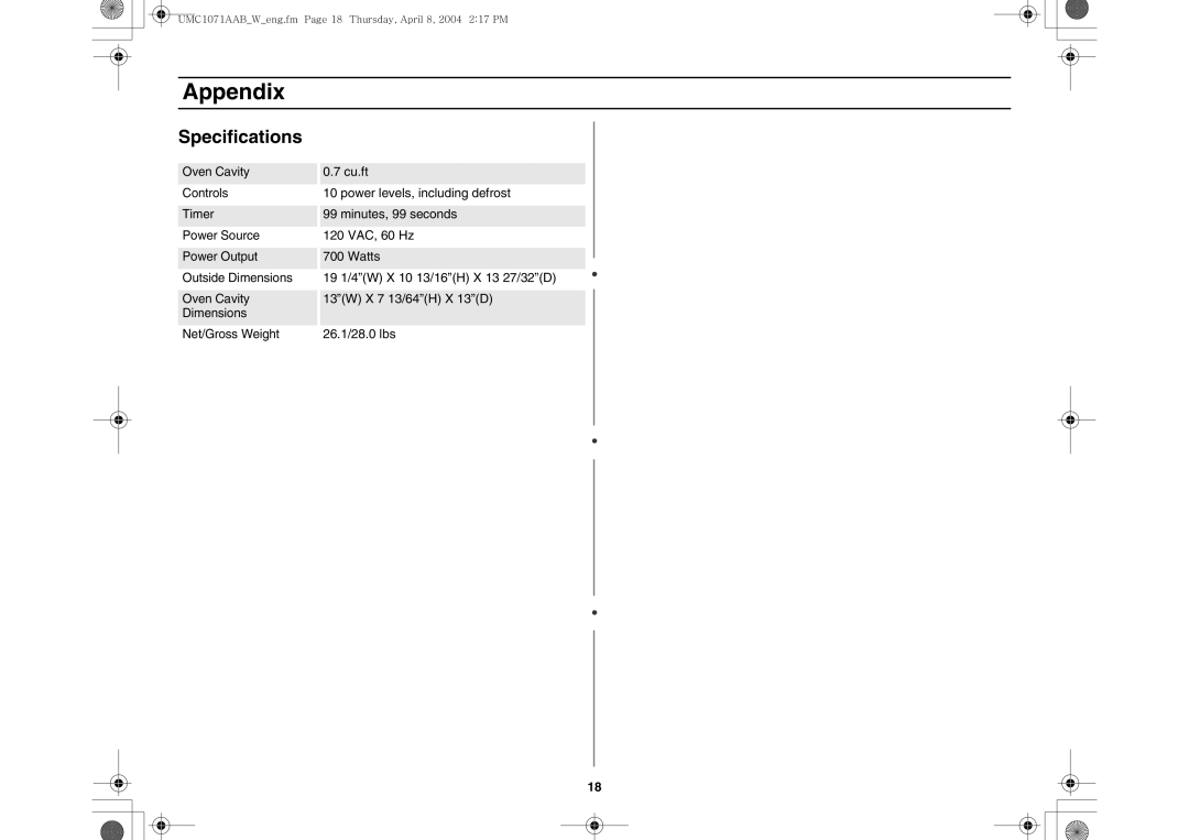 Maytag UMC1071AAB/W owner manual Specifications 