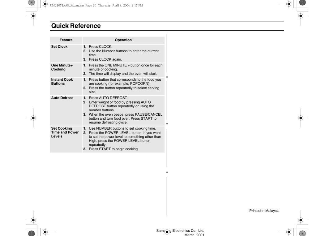 Maytag UMC1071AAB/W owner manual Quick Reference 