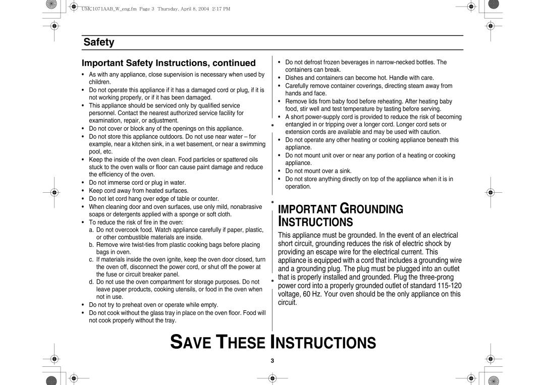 Maytag UMC1071AAB/W owner manual Important Grounding Instructions 