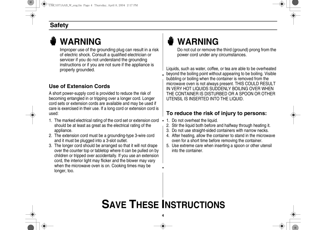 Maytag UMC1071AAB/W owner manual Use of Extension Cords 