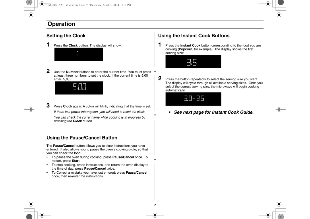 Maytag UMC1071AAB/W Operation, Setting the Clock, Using the Instant Cook Buttons, Using the Pause/Cancel Button 