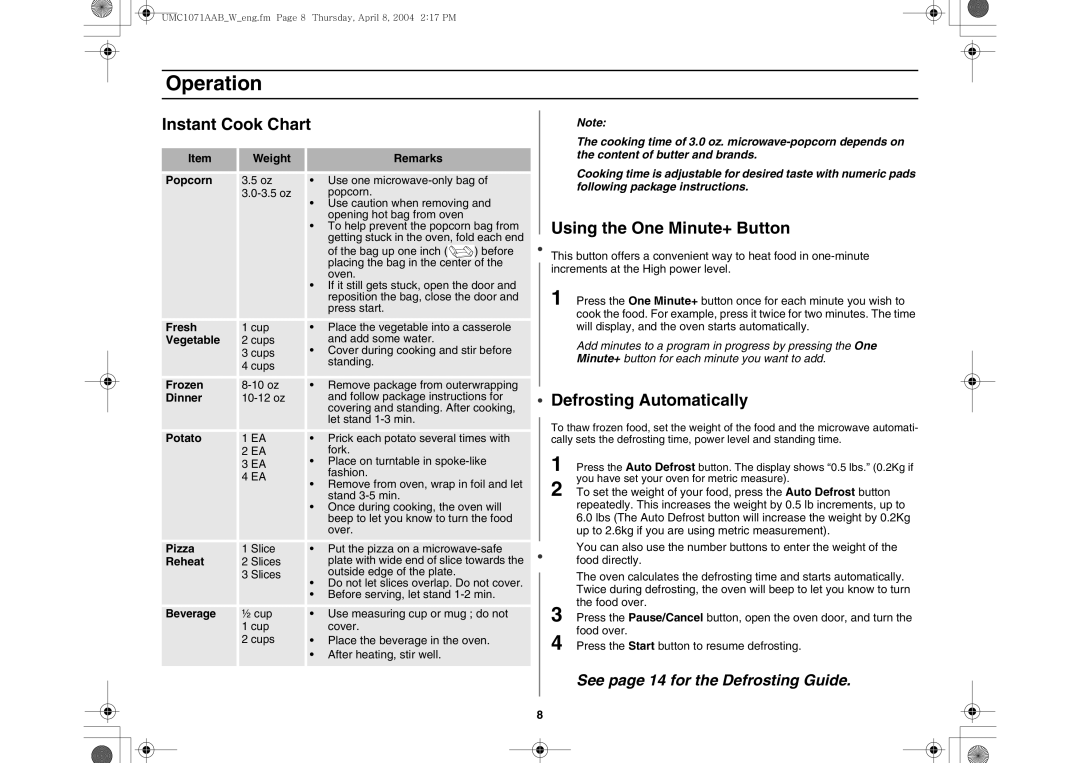 Maytag UMC1071AAB/W owner manual Instant Cook Chart, Using the One Minute+ Button, Defrosting Automatically 