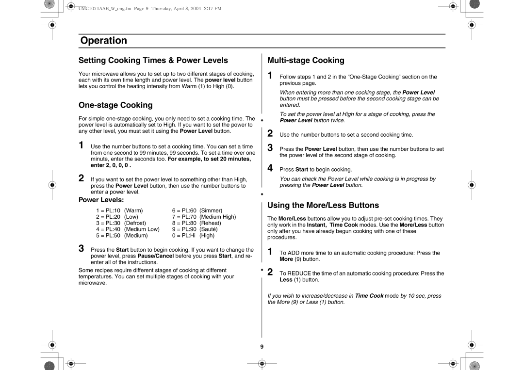 Maytag UMC1071AAB/W owner manual Setting Cooking Times & Power Levels, One-stage Cooking 