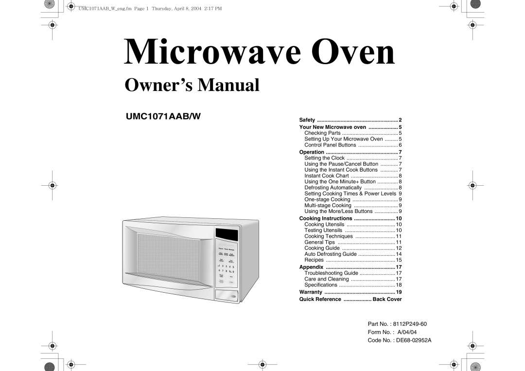 Maytag UMC1071AAB/W owner manual Safety, Your New Microwave oven, Operation, Cooking Instructions, Appendix, Warranty 