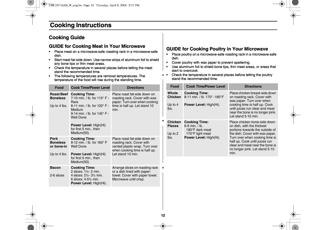 Maytag UMC1071AAB/W Cooking Guide, GUIDE for Cooking Meat in Your Microwave, GUIDE for Cooking Poultry in Your Microwave 
