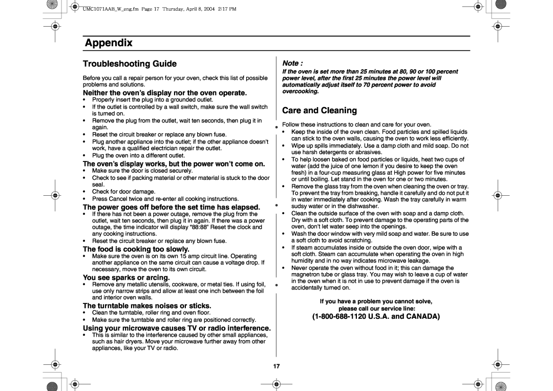 Maytag UMC1071AAB/W Appendix, Troubleshooting Guide, Care and Cleaning, Neither the oven’s display nor the oven operate 