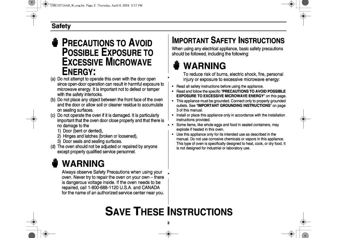 Maytag UMC1071AAB/W Save These Instructions, Important Safety Instructions, Precautions To Avoid, Possible Exposure To 
