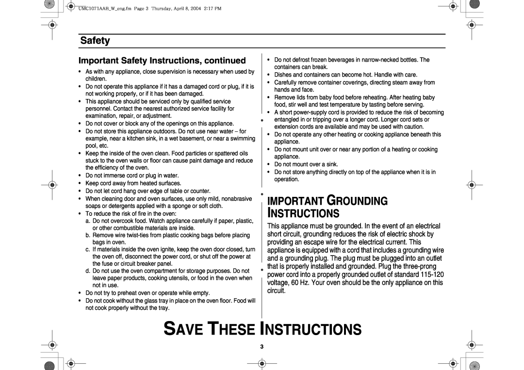 Maytag UMC1071AAB/W Important Grounding Instructions, Important Safety Instructions, continued, Save These Instructions 
