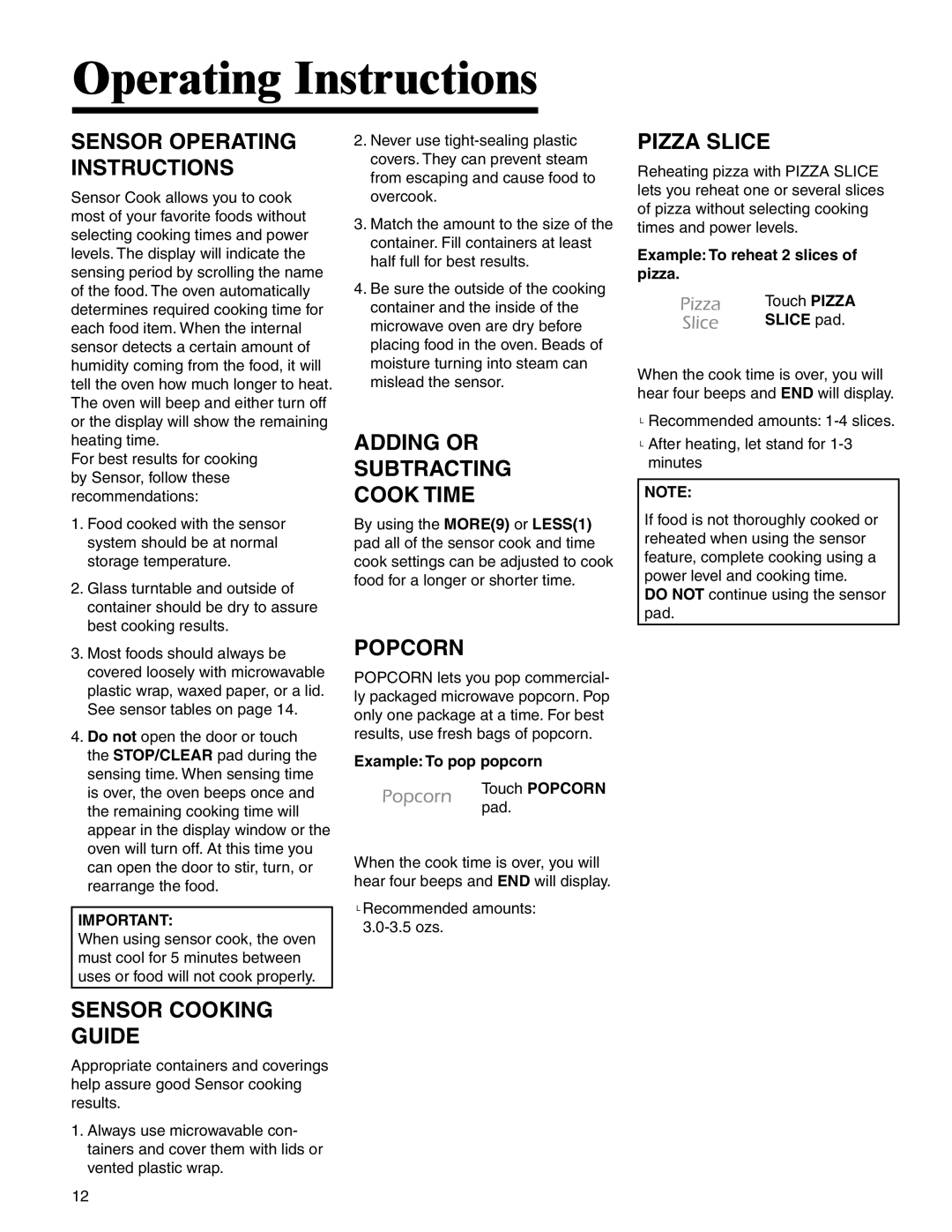 Maytag UMC5200 BAB/W/S, UMC5200BCB/W/S Adding or Subtracting Cook Time, Popcorn, Pizza Slice, Sensor Cooking Guide 